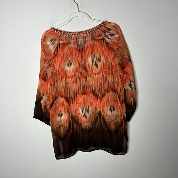 Chicos Top Womens Large Orange Sheer Beaded Chiffon 3/4 Sleeve Shirt Flowy Boho - Picture 5 of 11
